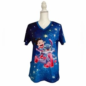 Blue Lilo & Stitch Graphic Nursing Medical Scrub Top Women’s Medium